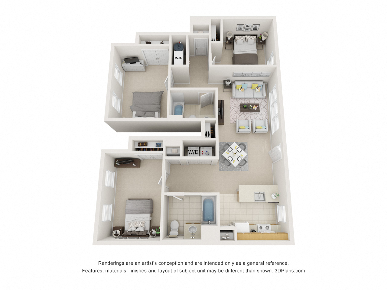 Floor plan for 3 beds, 2 baths, 1200 sqft